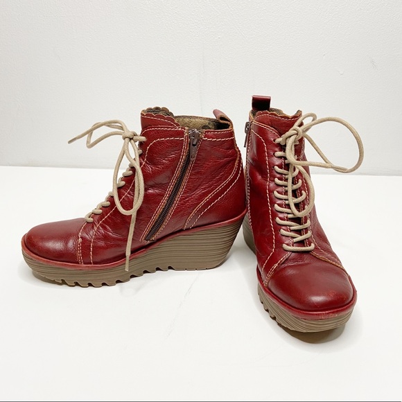 Fly London Tie Up Red Wedge Bootie 